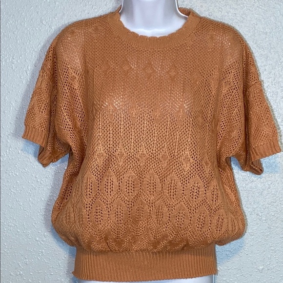 VNTG Kenneth Too! Tan/Orange Crew Neck Knit Sweater with Short Sleeves - Picture 3 of 6
